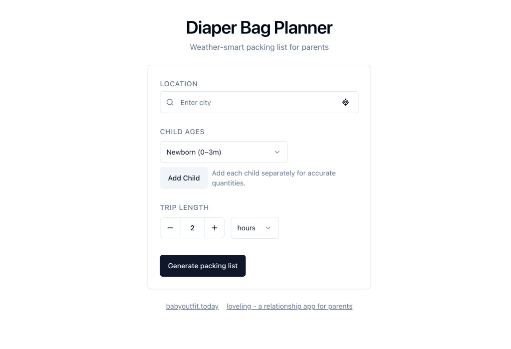 Interactive packing list for parents - An interactive packing list generator that creates checklists for trip types and baby ages.